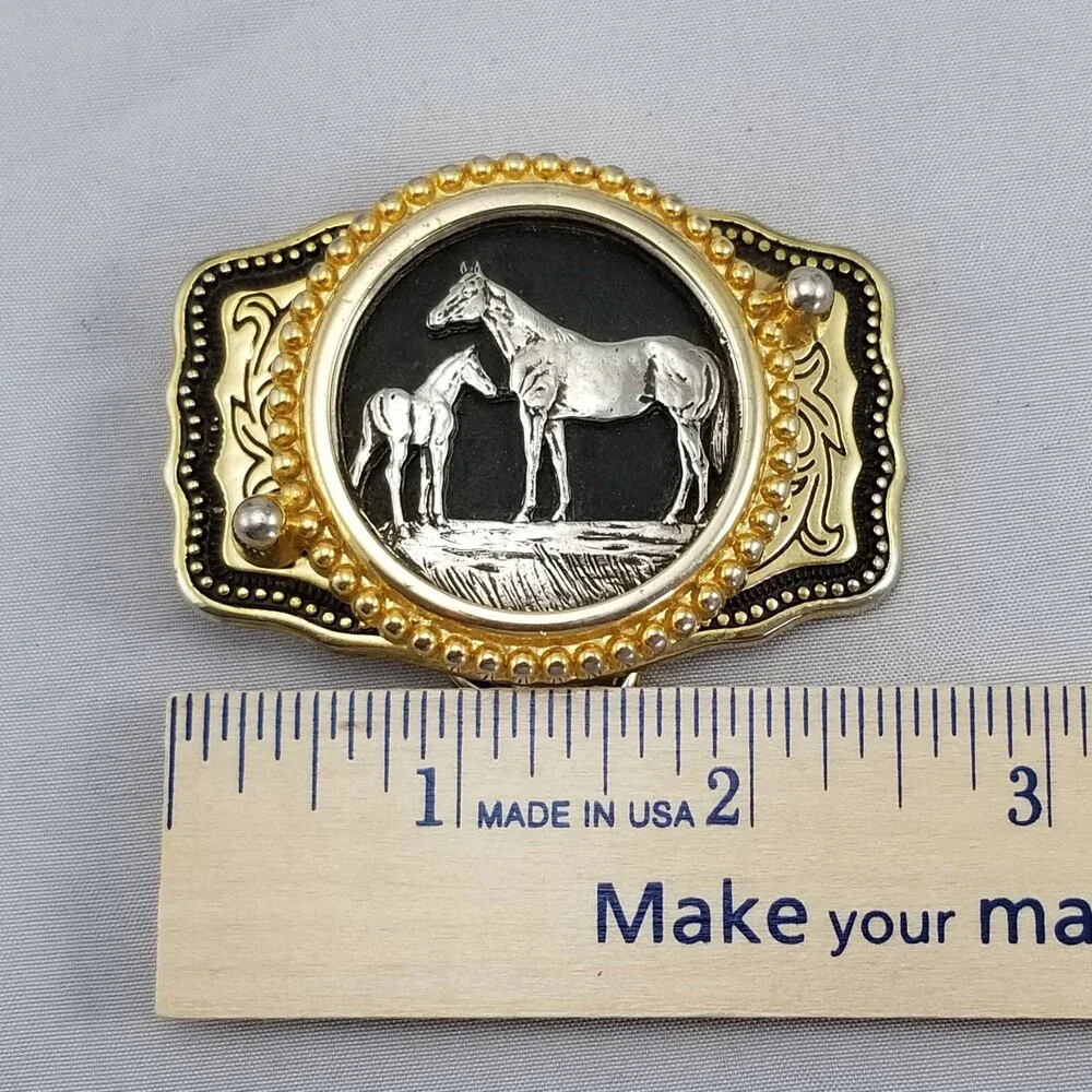 Vintage Belt Buckle Horse And Pony Filigree Western Made‎ In The USA